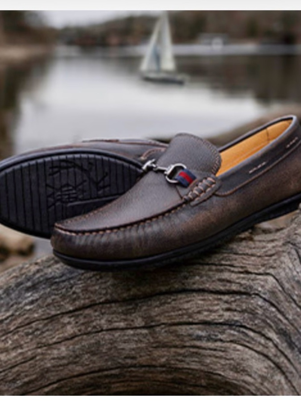 Martin Dingman Brown Leather Bit Loafers with Navy-Red Accent